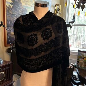 Neiman Marcus 76” x  21” Elegant Black Velvet Burnout Victorian Patterned Shawl